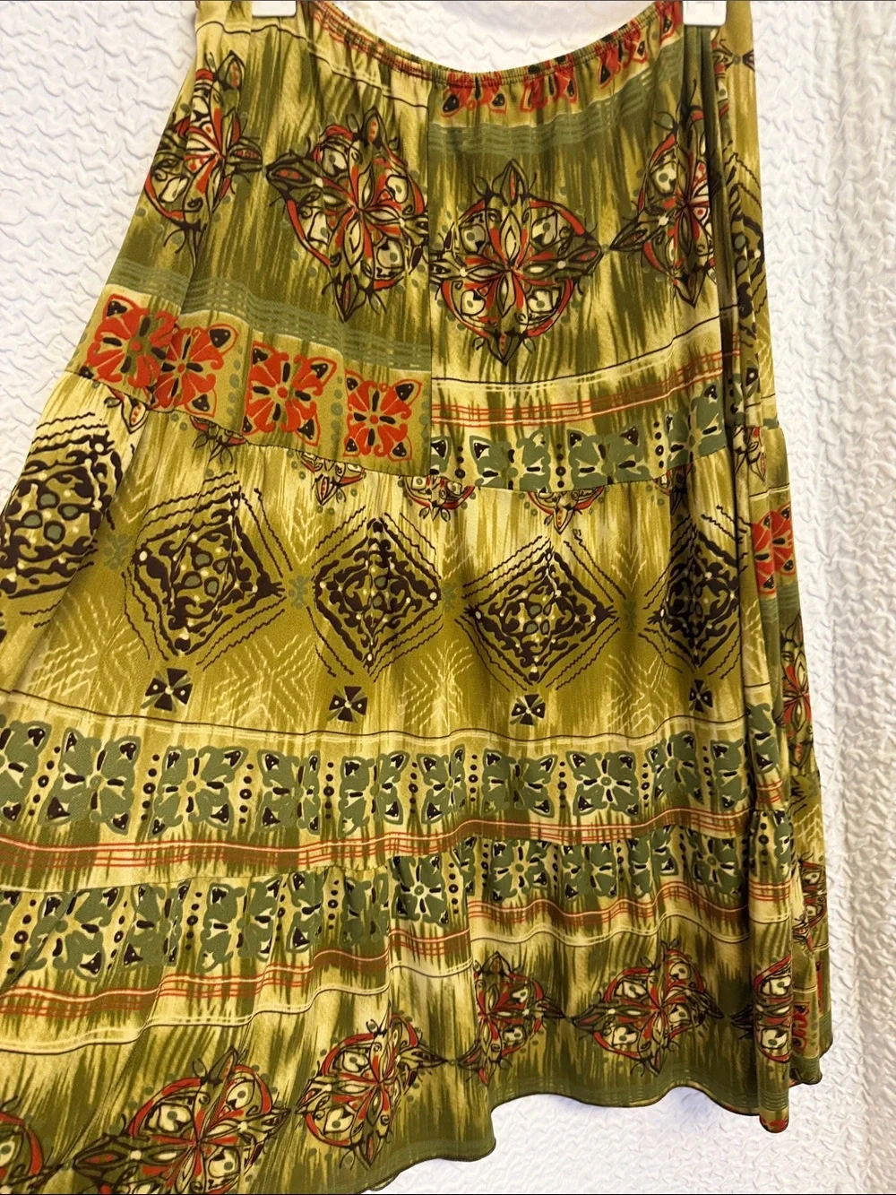 Julie’s Closet USA Olive Green Boho Tiered Midi Skirt Tribal Geometric Y2K L/XL